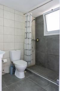 a bathroom with a toilet and a shower and a window at Spacious seaview apartment in Heraklion in Heraklio +36 photos