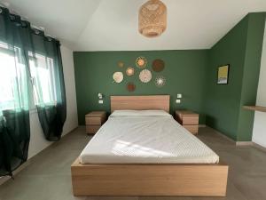 ein Schlafzimmer mit einem Bett und einer grünen Wand in der Unterkunft Eco Appartamento Mediterraneo in Catanzaro