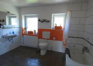 un bagno con un water, un lavandino e una vasca di Ferienwohnung Waldblick Schönbronn a Buch am Wald