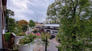 a view from the balcony of a building with flowers at Apartament Classic in Malbork