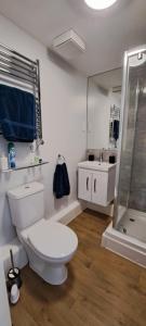 a white bathroom with a toilet and a shower at 2 bedroom apartment in Stratford upon Avon with free onsite parking in Stratford-upon-Avon +10 photos
