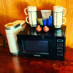 a microwave sitting on a counter with cups and a thermos at Applegate Cabin 2 in O'Brien +18 photos
