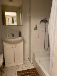 a white bathroom with a sink and a shower at Samostatný apartmán se zahradou in Bedřichov