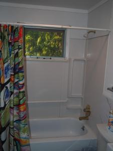 bagno con finestra, vasca e lavandino di Birch Shores Resort - The Hemlock Cottage a Empire