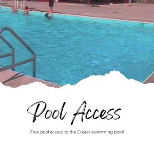 a swimming pool with blue water and the words pool access at Dwntwn Custer Farmhouse On Main St With Hot Tub in Custer