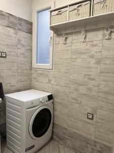 una lavatrice e un'asciugatrice in una stanza con parete di Blooming sky a Budapest