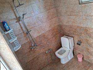 a bathroom with a shower and a toilet at Kirayə ev in Lerik