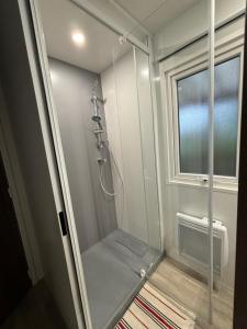 a walk in shower in a bathroom with a window at Mobil home 253 Camping La Réserve 4 étoiles à Gastes in Gastes