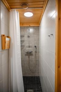 ein Bad mit Dusche und Duschvorhang in der Unterkunft Rukajärven Lomamajat Apartment 5 in Kuusamo