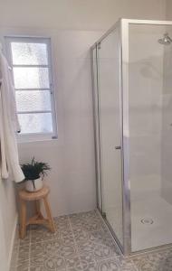 a bathroom with a shower and a plant on a stool at Willows Cottage on Anzac in Stanthorpe +48 photos
