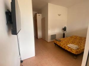 a small room with a bed and a flat screen tv at Joli studio en centre-ville in Corte +1 photo