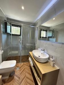 a bathroom with a sink and a toilet and a shower at VENTO villa neriana in Khainderianá +30 photos