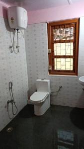 a bathroom with a toilet and a window and a sink at Heritage House Shillong in Shillong