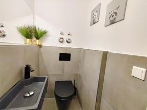 baño con lavabo y aseo negro en Design Apartment für bis zu 4 im 2 OG, modern, Dachterrasse, Grill, ruhige Lage, Disney plus, Wii, LAN und WLAN, en Núremberg