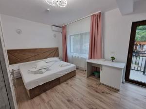 a bedroom with a bed and a desk and a window at Pensiunea Maty in Băile Herculane