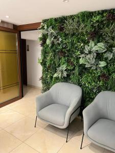 a green wall with a chair in a lobby at Tuck Inn in Larnaca