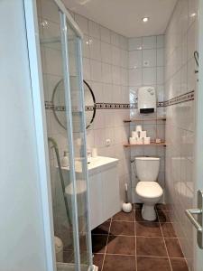 a bathroom with a toilet and a glass shower at Appartement les sources in Plombières-les-Bains