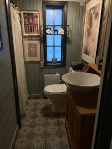 a bathroom with a sink and a toilet and a window at Stabbur Steinbekken Roost, Rustic Forest Stay, Shared Toilet, No Shower in Eidsvoll