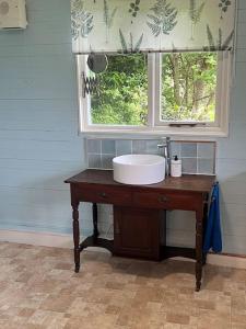 a bathroom with a sink and a window at Country garden lodge on Devon Cornwall border in Lifton