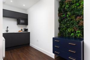 a kitchen with a plant wall and a blue dresser at Room 1, Hotel style double bedroom in Marazion in Marazion