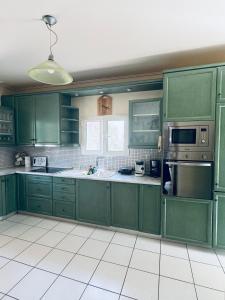 una cocina verde con armarios y electrodomésticos verdes en Villa Garden, en Limenas