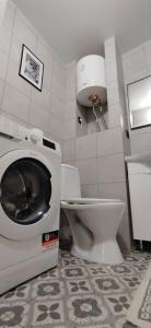 a bathroom with a washing machine and a toilet at Scandi on Flowers street in Chişinău +12 photos