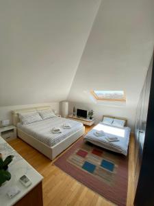 a bedroom with two beds and a skylight at Relax fra il mare e le Alpi Apuane a Casa Gabri in Marina di Carrara