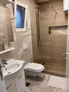 a bathroom with a toilet and a sink and a shower at ID apartments in Tivat +47 photos
