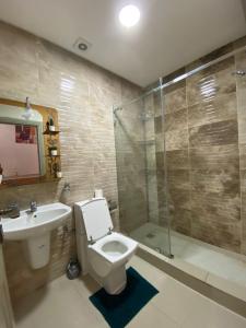 アガディールにあるAppartement a agadir centre villeのトイレ、洗面台、シャワー付きのバスルーム