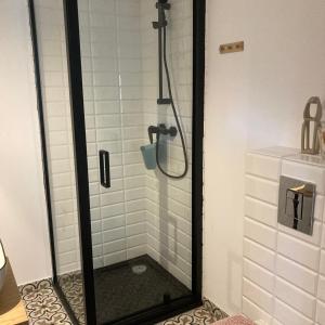 a bathroom with a shower with a glass door at Letnia Oficyna in Okoniny Polskie