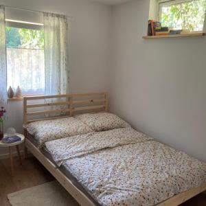 a bed in a bedroom with a window at Letnia Oficyna in Okoniny Polskie