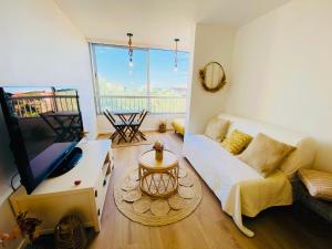 a living room with a couch and a flat screen tv at Appart cosy Carnon-plage in Mauguio