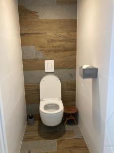 a bathroom with a toilet with a wooden wall at Maison familiale à la campagne in Donnery +15 photos