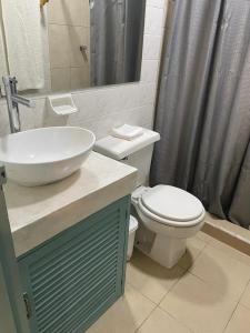 a bathroom with a sink and a toilet and a shower at Budgie's 2 Studio in Cozumel +10 photos