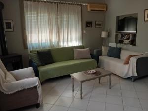 a living room with a green couch and a table at Εξοχικό ROXANI in Ambelákia