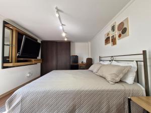 a bedroom with a bed and a tv on the wall at Suíte privativa em lindo casarão in Sao Paulo