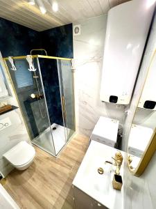 Un baño con ducha, inodoro y lavabo. en Bałtycka Strefa, en Władysławowo 7 fotos más