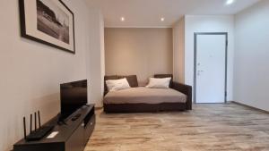 a bedroom with a bed and a television in it at Casa Lina Tirano in Tirano