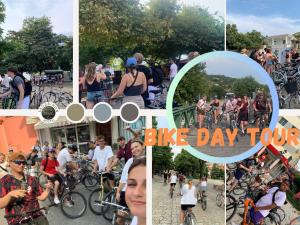 un collage di foto con persone in bicicletta di Scodrinon Hostel a Shkodër