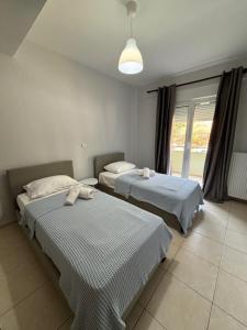 ein Zimmer mit zwei Betten und einem Fenster in der Unterkunft VALENTINA Luxury apartment in Kavala