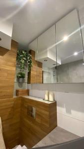 a bathroom with a counter with a plant in it at Apartament - U Alicji in Konin