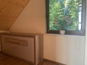a kitchen with a window and a plant on a counter at Jarski Domek in Stężyca +90 photos