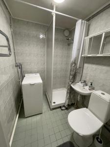 a bathroom with a toilet and a shower and a sink at Arantilan rivitalokaksio in Nakkila