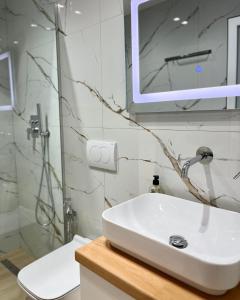 a bathroom with a sink and a mirror and a shower at Studio Eno Ksamil in Ksamil