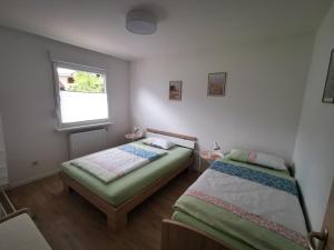 a bedroom with two beds and a window at Ferienwohnung Blick Rappenstein in Hausen am Tann