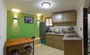una cucina con pareti verdi e frigorifero in acciaio inossidabile di Appart Sahraoui Medina a Fès al Bali Altre 9 foto
