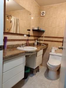 a bathroom with a sink and a toilet and a mirror at Vista Real Modern View Jacuzzi hidromasaje in Quito +54 photos