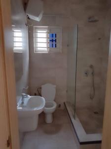 Un baño con inodoro, lavabo y ducha. en Luxurious 2 Bedroom Apartment, en Accra