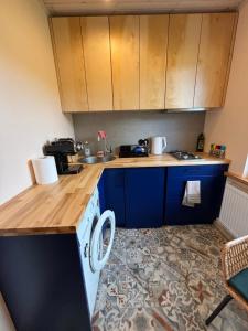 a kitchen with blue cabinets and a washing machine at Cozy city apartments in Roja with free parking in Roja
