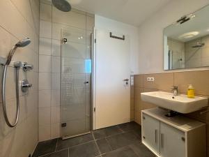 Un baño con ducha, lavabo y espejo. en Felix, en Salem